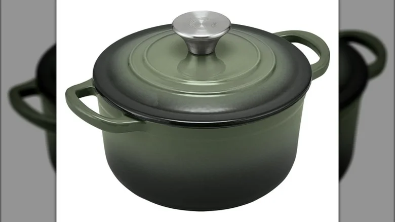 Green Crofton Cast Iron Dutch Oven with lid attached on white background